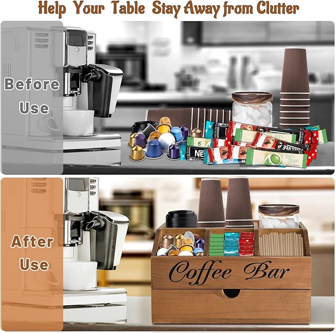Coffee Bar Organizer Countertop, Wooden Bar Accessories With Drawer, Coffee Station Organizer Pods Holder Storage Basket, Farmhouse Tea Condiment Station