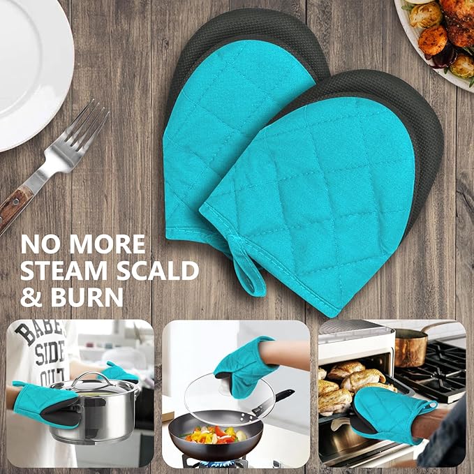 1 Pair Short Oven Mitts - Silicone Kitchen Oven Gloves High Heat Resistant 500℉, Mini Oven Mits with Non-Slip Grip Surfaces and Hanging Loop for BBQ, Baking, Cooking and Grilling (Coral Blue)
