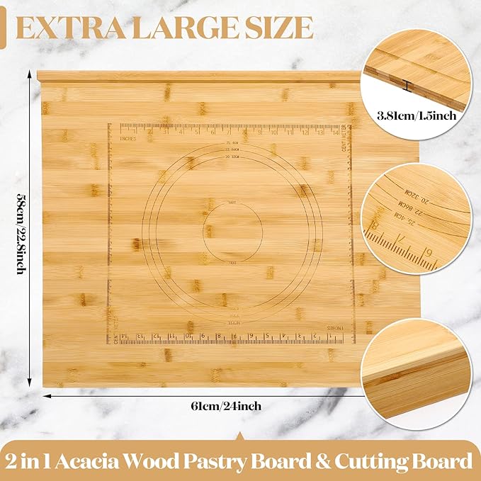 Vesici Reversible Pastry Board with Lip for Rolling Dough Large Wooden Cutting Chopping Kneading Board with Engraved Measurements for Counter Table Top Kitchen(Wood,24 x 22.8 x 1.5 Inch)
