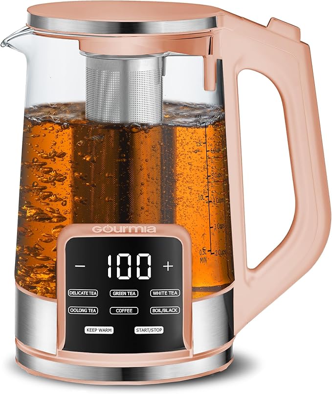 Gourmia Electric Programmable Glass Kettle – 1.7L Temperature Control Tea & Coffee Kettle with Digital Touch Display, 6 Presets, Keep Warm, Removable Stainless Steel Infuser, 360° Swivel Base – Peach