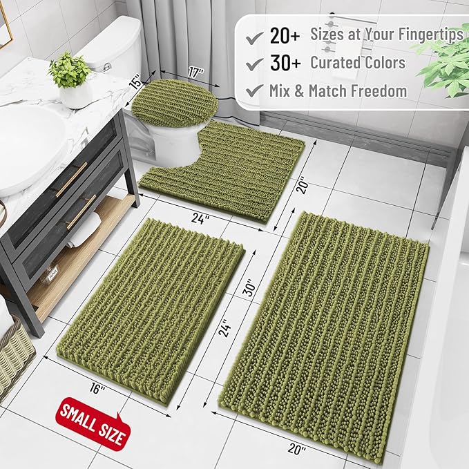 Arotive Luxury Chenille Bathroom Rug Mat, Extra Soft Thick Absorbent Shaggy Bath Rugs, Non-Slip Machine Wash Dry, Plush Bath Mats for Bathroom, Shower and Tub, 30x20, Willow Green