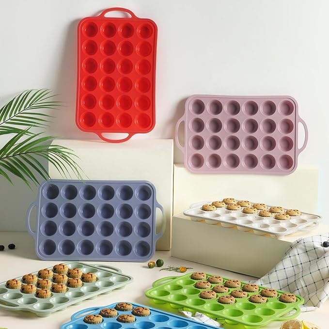 24 Cups Silicone Muffin Pan with Metal Reinforced Frame Mini Size Cupcake Pan Tray Egg Bites Silicone Circle Cookie Molds Muffin Tin Tart Pans Non Stick Toxic Oven Safe Baking Sheet Set