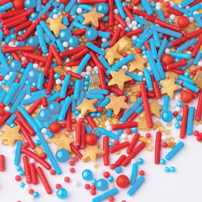 Sweets Indeed Sprinkles, Patriotic Edible Sprinkle Mix, Red Blue Gold, 4th of July, Perfect for Cake Decorations, Baking, Ice Cream, Cookies, Cupcake Topper For Birthday, Dairy Free, 4 ounces (Marvelous)