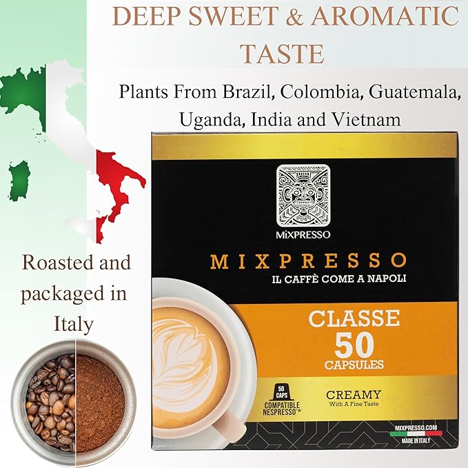 Mixpresso Classe Coffee Espresso Capsules Compatible With Nespresso Original Brewers, Single Cup Coffee Pods 100% from Italy, Medium Roast 80% Arabica Espresso, 50 Count Coffee Capsule Intensity 8/12