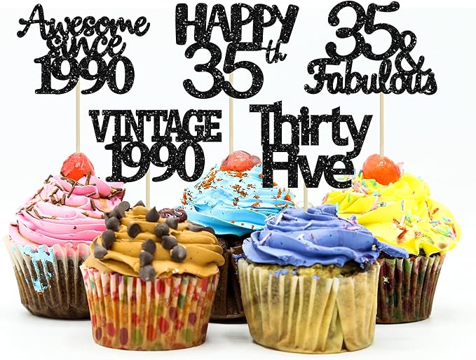 Gyufise 30 Pack Vintage 1989 Cupcake Toppers Black Glitter Thirty Five Happy 35 Cake Decorations Cheers to 35 Years Birthday Cupcake Picks 35th Birthday Anniversary Cake Decorations