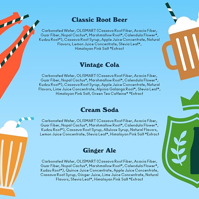 OLIPOP Prebiotic Soda Pop, Classic Soda Variety, Pantry Pack Packed with Prebiotics, Fiber, and Botanicals, Gluten Free, Vegan, GMO Free, 12oz (12-Cans)