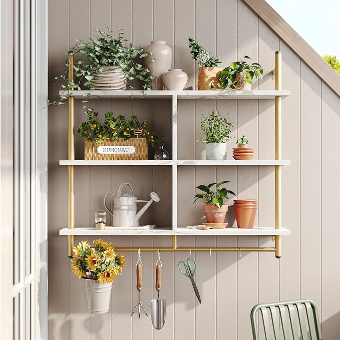 Bestier Kitchen Shelves Wall Mounted Floating Pipe Shelving 3 Tier 41.5" Coffee Bar Shelf with Holder Wall Display Storage Rack Kitchen Organization and Home Decor, White Faux Marble