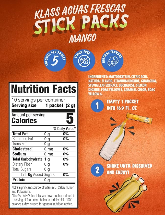 Klass Aguas Frescas | Drink Mix Packets | Mango Flavored | Sugar Free On-The-Go Packets, Low Calorie (40 Count Powder Stick Packs)