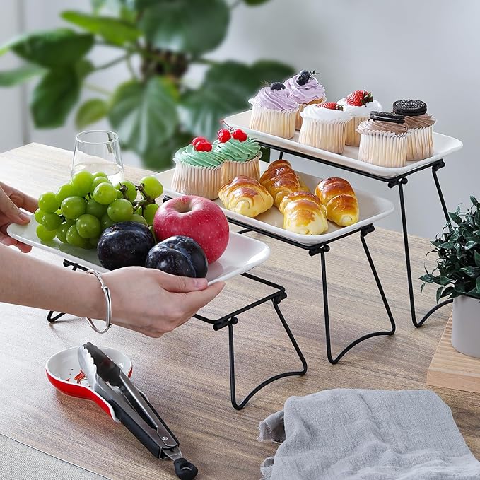 HAPPY KIT 3 Tier Serving Tray Set and Tiered Tray Stand,12 Inch Widened Porcelain Platters with Freely Combinable Rack,Decor Cupcake Stand for Christmas Party Display,Dessert Trays Collapsible