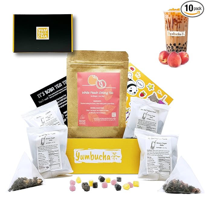 YUMBUCHA Boba Kit Set - DIY Tea Making Kit With White Peach Oolong & Tapioca Pearls - Create 10 Delightful Drinks - Exquisite Loose Leaf Teabags Included - Gift Set for Tea Lovers