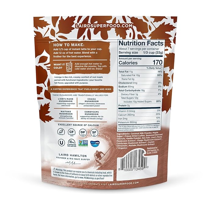 Laird Superfood Instant Latte, Maple, Non-Dairy, Superfood Creamer and Coffee, Gluten Free, Non-GMO, Vegan, 8 oz. Bag, Pack of 1