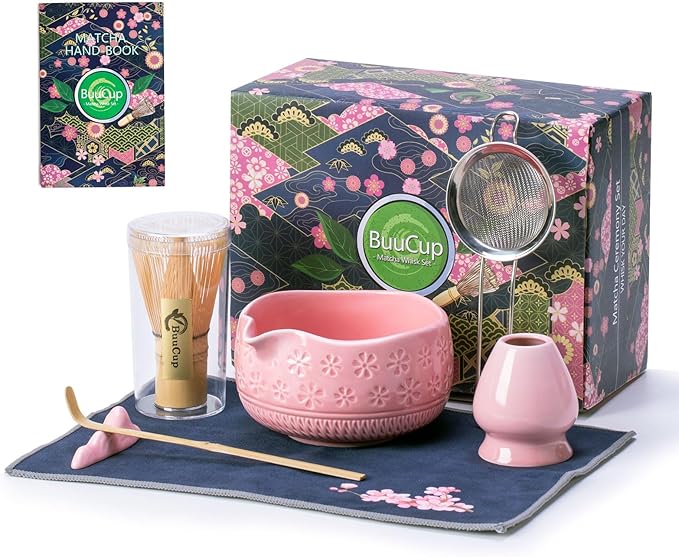 Matcha Whisk Set, Ceramic Matcha Set Includes Matcha Bowl, Matcha Whisk and Holder, Bamboo Scoop, Scoop Rest, Sifter and Tea Towel - 7 Pcs Matcha Kit for Matcha Lovers (Pink)