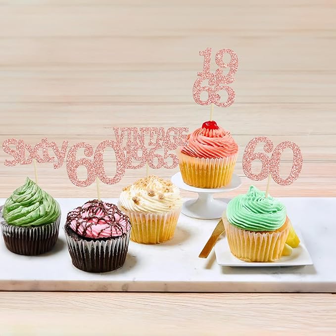 Gyufise 24Pcs 60th Birthday Cupcake Toppers Cheers to 60 Fabulous Sixty Cupcake Picks Vintage 1965 Decorations for 60th Birthday Wedding Anniversary Party Cake Decorations Supplies Rose Gold