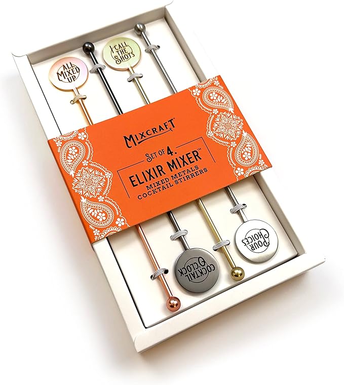 Elixir Mixer Cocktail Stirrers, Stainless Steel Drink Stirring Swizzle Sticks, Mixed Metals, Set of 4
