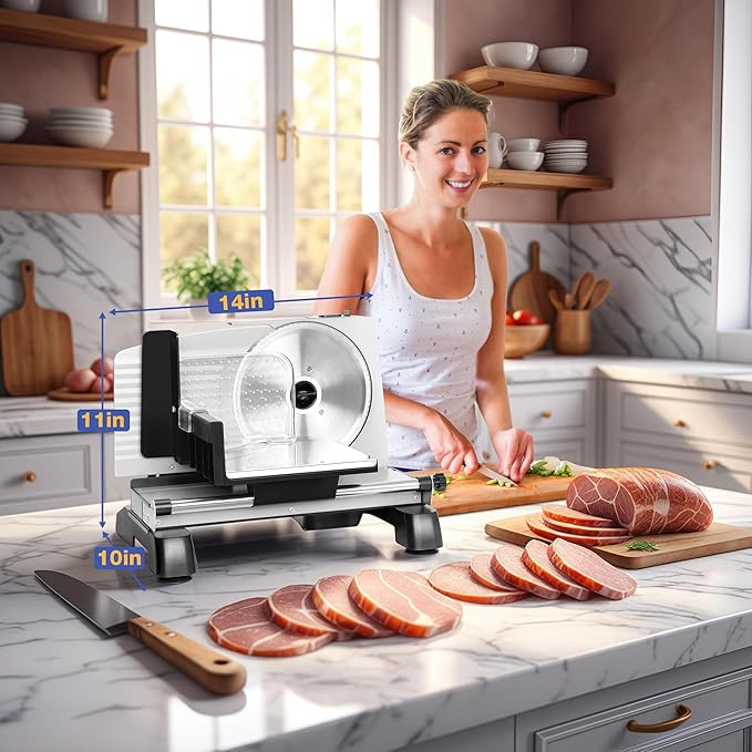 Meat Slicer 200W for Home Use, 2 Removable 7.5" Stainless Steel Blades, Electric Food Slicer with 0-18mm Adjustable Thickness, Child Lock, 1 Tray, and 1 Towel