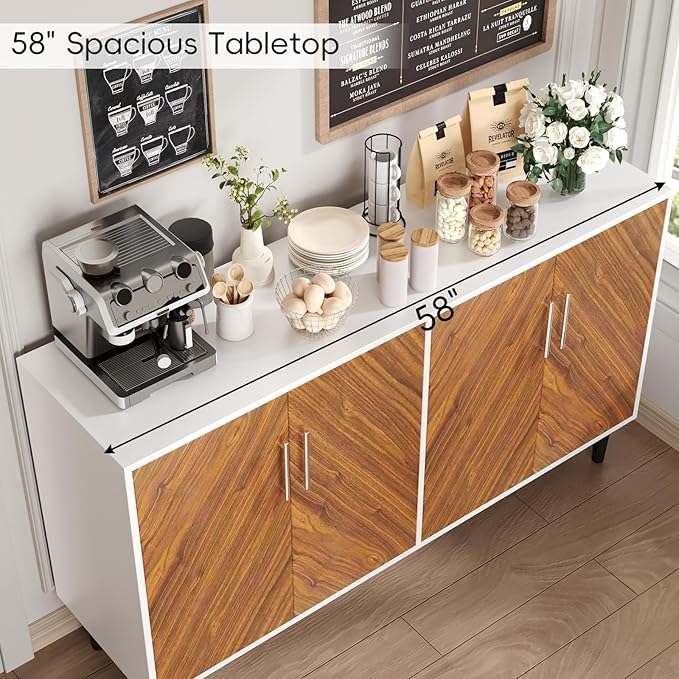 4 EVER WINNER Coffee Bar Cabinet with 4 Doors, Sideboard Buffet Cabinet with Storage, Walnut Buffet Cabinet with Storage with Adjustable Shelves for Kitchen,Living Room,White