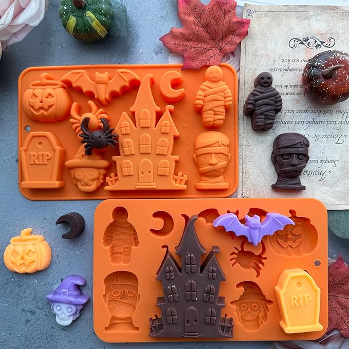 2 Pack Halloween Chocolate Candy Silicone Mold Halloween Molds Castle Pumpkin Tombstone Skull Witch Hat Gummy Jello Baking Mold for DIY Ice Cube Sugar Halloween Party Cupcake Topper Cake Decorating