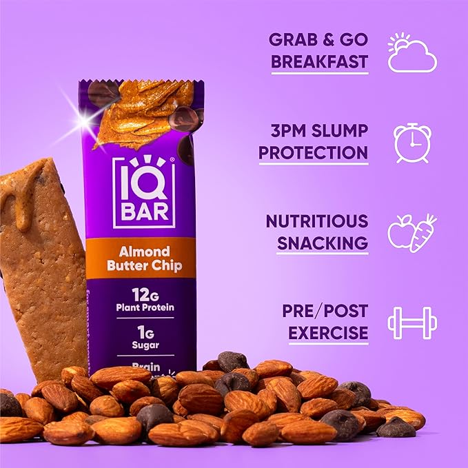 IQBAR Brain and Body Plant Protein Bars - Almond Butter Chip - 36-Count - Keto, Vegan, Low Carb, High Fiber, Gluten Free, Dairy Free, Low Sugar Snack with Nutrients for Focus, Energy, Meal Replacement