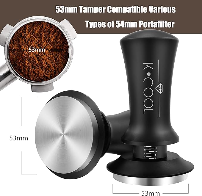 K COO Espresso Tamper, Premium Barista Tools Coffee Tamper with Calibrated Spring 30lb, 100% Stainless Steel Flat Base Tamper with Scale Mark Fits for Breville 54mm Portafilter Basket (53mm, Black)