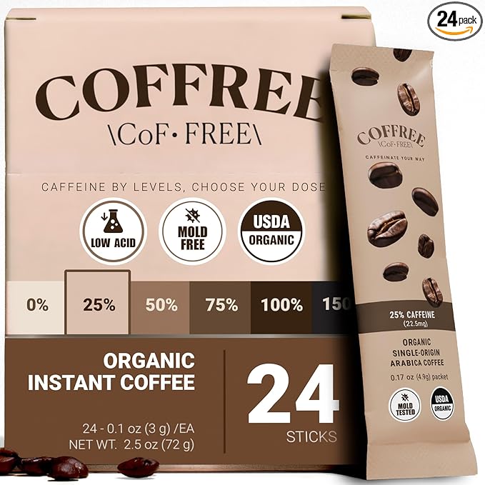 COFFREE Organic Instant Coffee Packets - 25% Low Caffeine, Low Acid, Mold Free Coffee Made with Arabica Coffee Beans - Smooth & Balanced Taste - Hot or Cold Single Serve Travel Packets 24 Pack Box