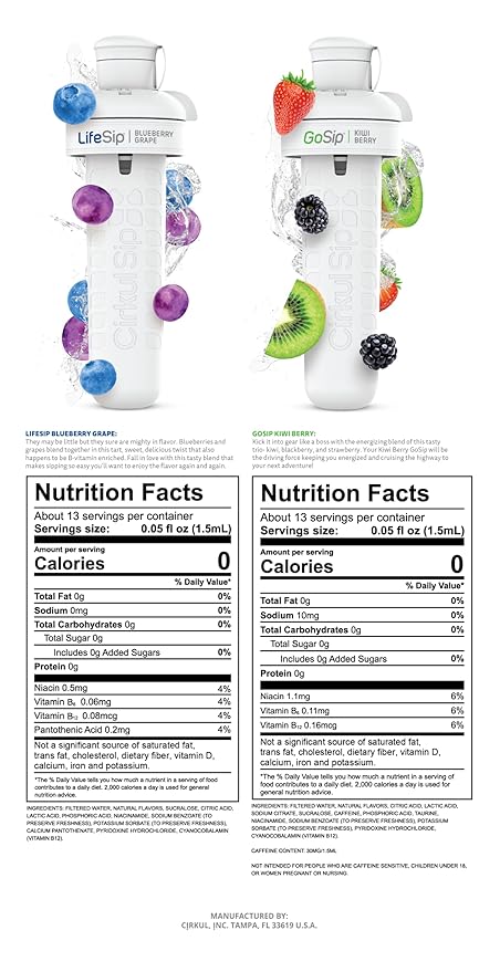 Cirkul 32oz. BPA-Free Plastic Water Bottle Starter Kit with Navy Lid, 2 Flavor Cartridges (1 LifeSip Blueberry Grape, 1 GoSip Kiwi Berry) No Sugar, Zero Calorie Drink Mix