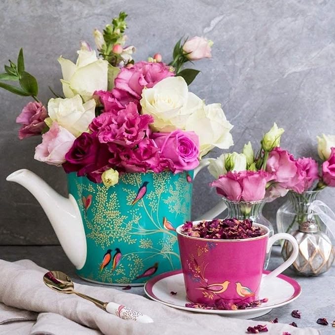 Portmeirion Sara Miller Chelsea 12oz Tea Cup, Pink - Fine China Coffee Mug with Hummingbirds Motif - Elegant Tea Party Cup for Afternoon Tea Moments - Great Gift for Her/Mother