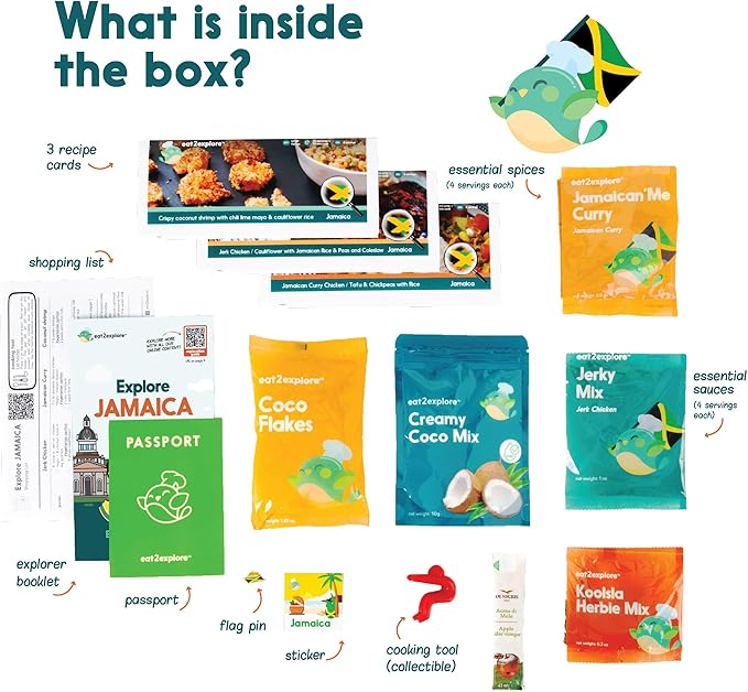 eat2explore Cooking Kits for Kids – Interactive & Educational Kids Cooking Sets Real for Ages 5 and Up,3 Recipe Cards & Global Ingredients – Fun Gift for Young Chefs (Jamaica Edition)