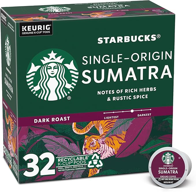 Starbucks K-Cup Coffee Pods, Dark Roast Coffee, Sumatra, 100% Arabica, 1 box (32 pods)