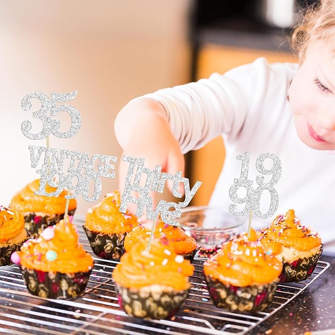 Gyufise 24Pcs Happy 35th Birthday Cupcake Toppers Glitter Thirty Five 35 Fabulous Vintage 1990 Cupcake Picks for 30th Birthday Wedding Anniversary Party Cake Decorations Supplies Rose Gold