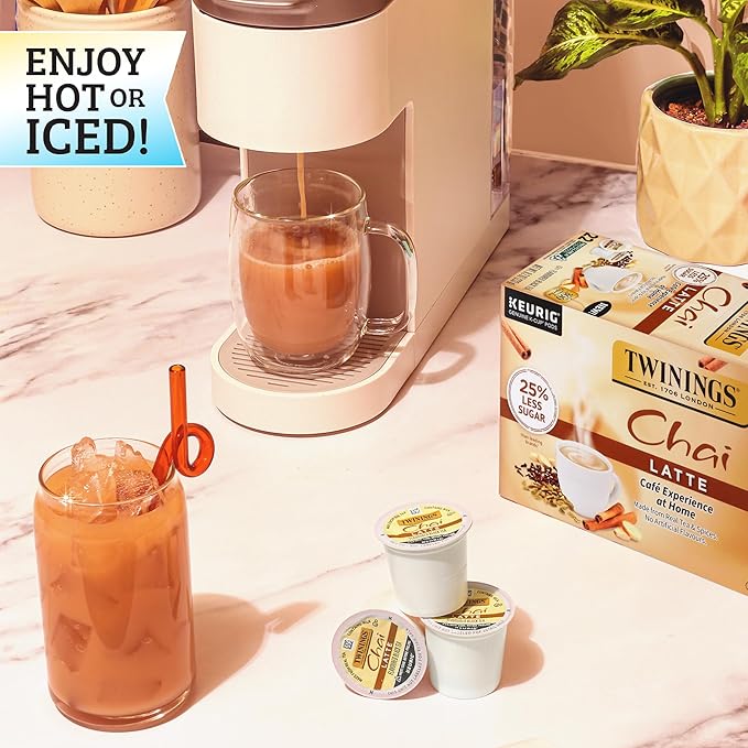 Twinings Chai Latte Black Tea K-Cup Pods for Keurig, 22 Count (Pack of 1), Creamy, Slightly Sweet, Less Sugar, Caffeinated, Enjoy Hot or Iced