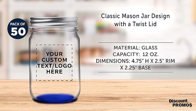 DISCOUNT PROMOS 50 Decorating Mason Jars Set, 12 oz. - Customizable Text, Logo - Canning, Aluminum Lid - Blue