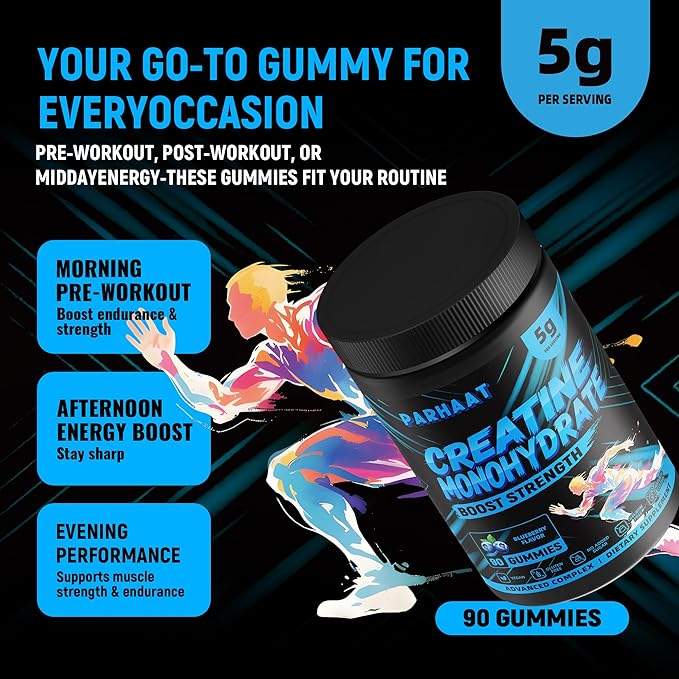 Creatine Monohydrate Gummies 5g for Men & Women - Boost Focus,Strength, and Endurance, Anti-Melting Formula, Vegan, Gluten-Free, Non-GMO, 2.5 Gram Creatine per Gummy (Blueberry 90 ct)