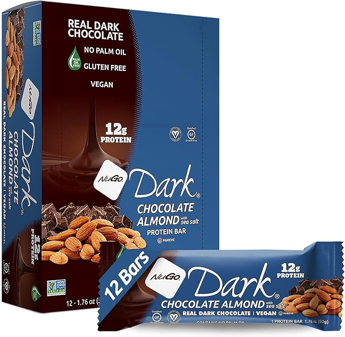 NuGo Dark Chocolate Almond With Sea Salt, 12g Vegan Protein, 200 Calorie, Gluten Free, 12 count
