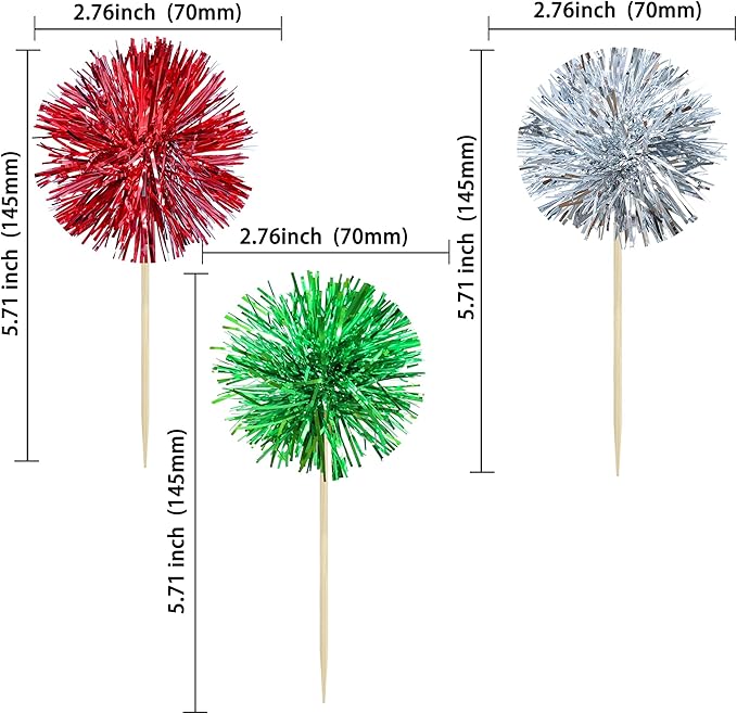 Gyufise 30Pcs Foil Firework Cupcake Toppers Sparkle Tinsel Cake Toppers Tinsel Drink Cake Decoration Cocktail Picks for Birthday Wedding Graduation Party Supplies Silver Green Red