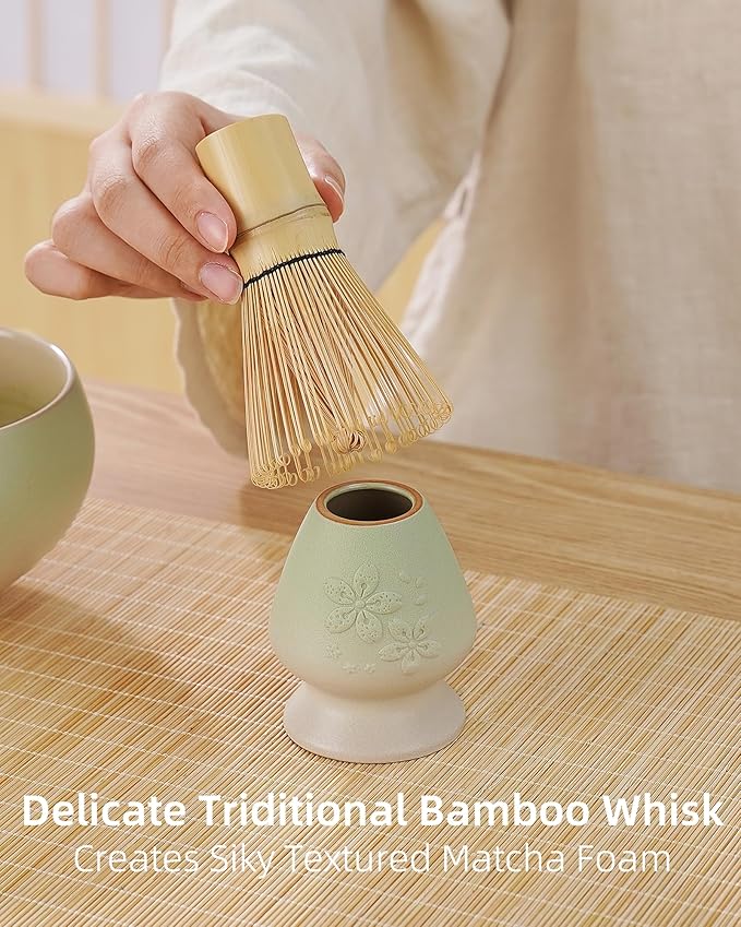 ZENS Matcha Whisk Set, Ceramic Matcha Tea Set with 15oz Sakura Bowl and Bamboo Whisk & Scoop, (Chasen Holder), Stainless Sifter-Tea Towel, 6pcs Matcha Kit for Matcha Lovers, Green