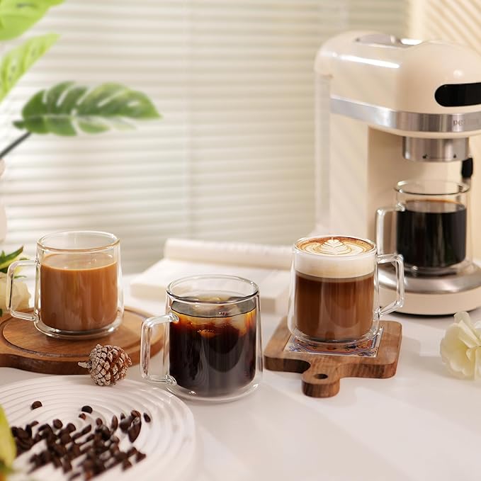 CNGLASS 15oz(4-pack) Double Walled Glass Coffee Mugs,Large Insulated Glass Mugs with Handle,Clear Coffee Cups for Espresso,Latte,Cappuccino,Tea