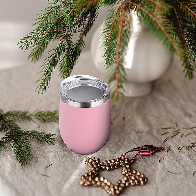 DOMICARE Stainless Steel Wine Tumbler Bulk with Lid, Personalized Insulated Tumblers Set, 12oz Travel Coffee Cups Pack of 12, Pink