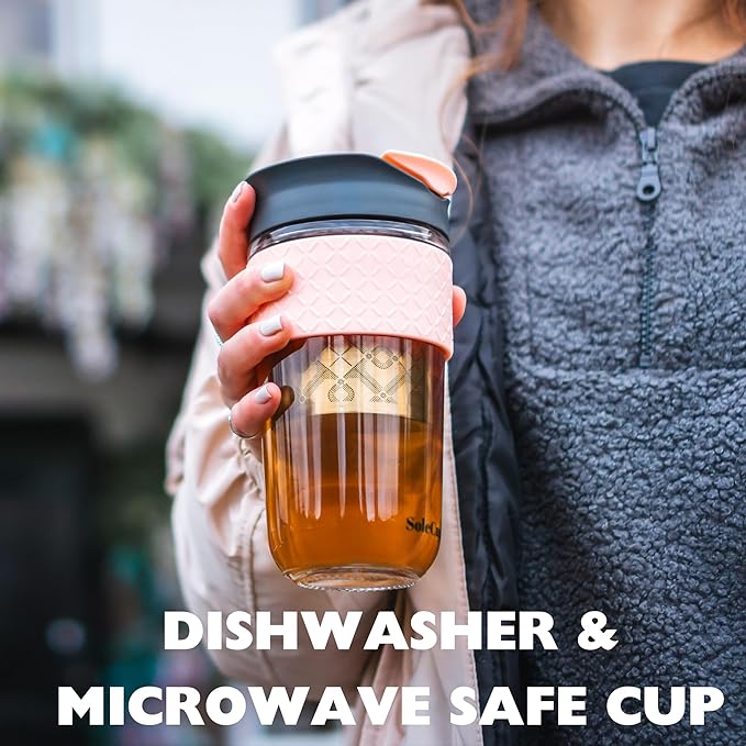 Large Travel Mug Loose Tea Infuser - Detachable Tea Strainer with Spill Proof Lid - 18oz/530ml BPA-Free Reusable Glass Travel Coffee Cup with Silicone Band (Pink) (Black)