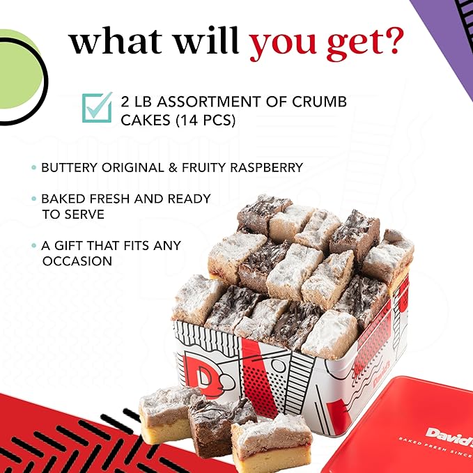 David's Cookies Fresh Baked Gourmet Crumb Cake Food Gift Basket - Gourmet Crumb Cake Assortment With Original Butter, Raspberry Gift Basket - Ideal Gift for Corporate Birthday Fathers Mothers Day Get Well and Other Special Occasions - 2 lb (14 pcs)