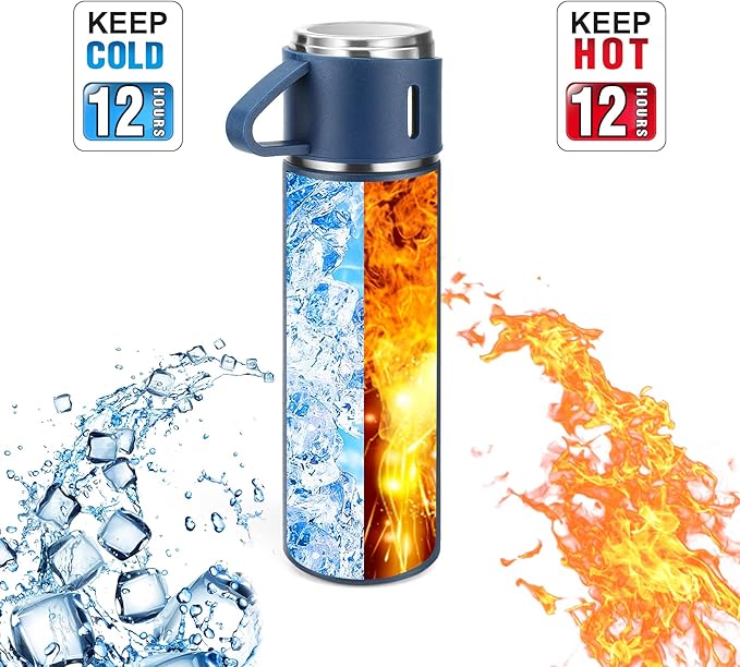 Stainless Steel Thermo 500ml/16.9oz Vacuum Insulated Bottle with Cup for Coffee Hot drink and Cold drink water flask.(Blue,Single)