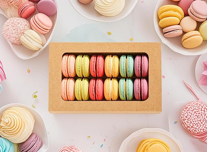 20PCS Macaron Boxes for 12,Chocolate Covered Strawberry Boxes with Window, Macaron Packaging Display for Strawberry Gift, Chocolate, Truffles,Desserts(Brown)