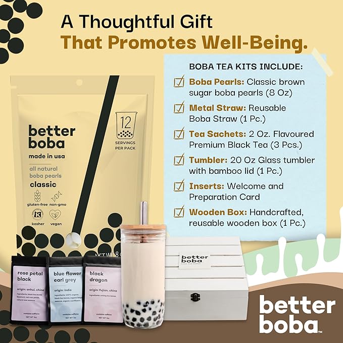 Better Boba Tea Kit | DIY Home Bubble Tea Set - Brown Sugar Boba Pearls, Reusable Boba Straw, Tumbler, 3 Black Tea| Vegan Gluten-Free Tapioca Pearls