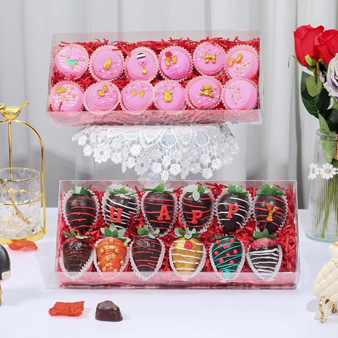 RomanticBaking 5Pcs 12x5x2Inches Clear Easter Cookies Boxes Plastic Chocolate Covered Strawberries Boxes for 12 Chocoalte Truffle Box Bakery Box Cakesickle Gift Treat Pack for Christmas Valentine's