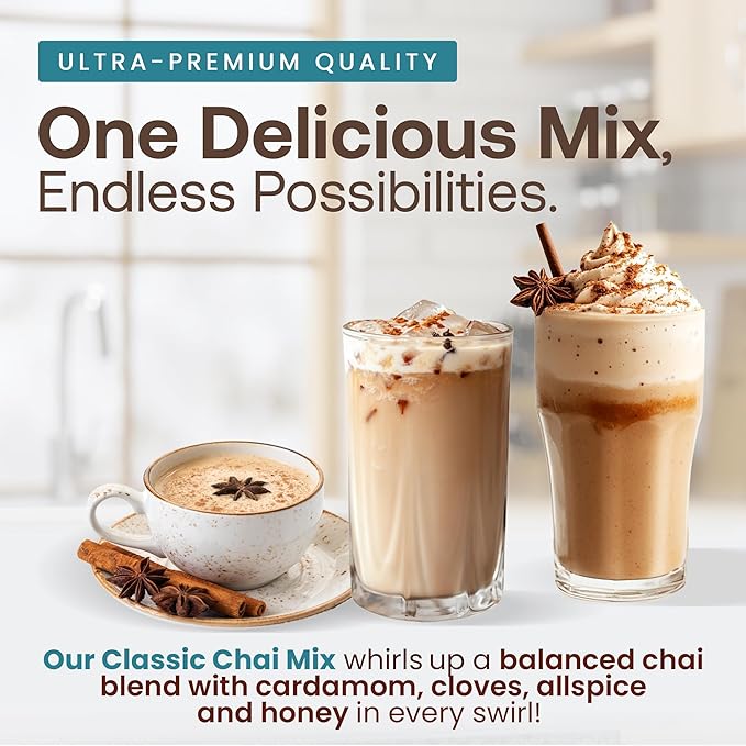 Dr. Smoothie Café Essentials Spiced Chai – No Artificial Colors, Flavors, or Sweeteners – Shelf Stable – 116mg of Caffeine per Serving – Great for Hot, Iced, & Frozen Frappes (3.5 lb Bag, 26 Servings)