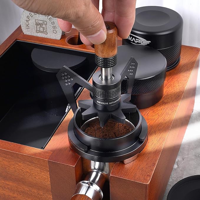 IKAPE Mantis WDT Distribution Tool with Clean Brush, V3-54mm Espresso Stirrer for Barista - 8 Needle Espresso Stirrer with Dosing Funnel & Stand, Adjustable Needle Height, Walnut Handle