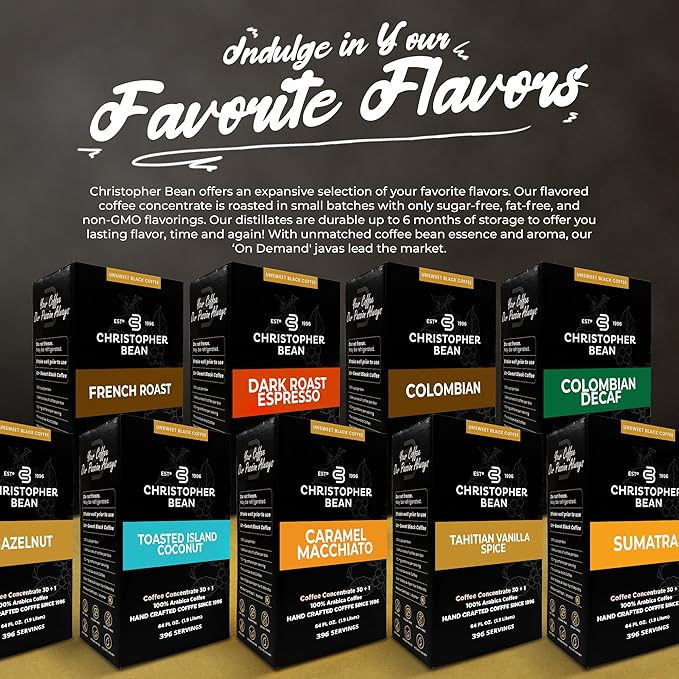 Christopher Bean Coffee - 396 servings, 30 to 1 Blend Bag in Box Liquid Instant Coffee or Cold Brew Coffee Concentrate - Hot or Iced Coffee - Caramel Macchiato