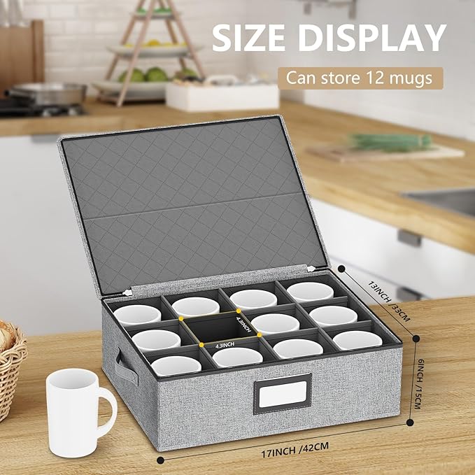 homyfort Coffee Mug Storage Box with Dividers, Durable China Storage Containers for Coffee Mugs, Tea Cups Storage Organizer with Lid, Handles, Label Window, Holds 24 Mugs, Hard Shell and Stackable
