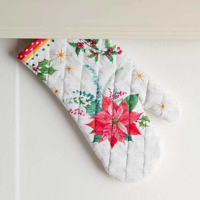 Maison d' Hermine Oven Gloves 100% Cotton Oven Mitt 7" x 13" with Loop Heat Resistant, BBQ, Cooking Gloves, Baking, Grilling, Kitchen, Handling Hot Pans (Pack of 1, Poinsettia Christmas)