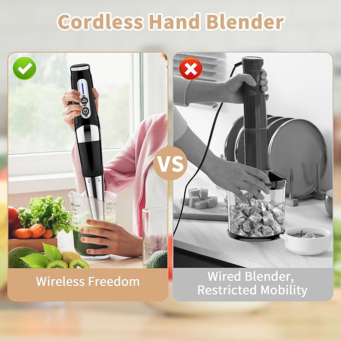 Cordless Immersion Blender Handheld: 3-in-1 Rechargeable Electric Hand Blender Stick, 21-Speeds & 3-Angle Adjustable with 700ml Beaker, Egg Whisk and Beater for Smoothies, Soup,Puree,Baby Food (Black)