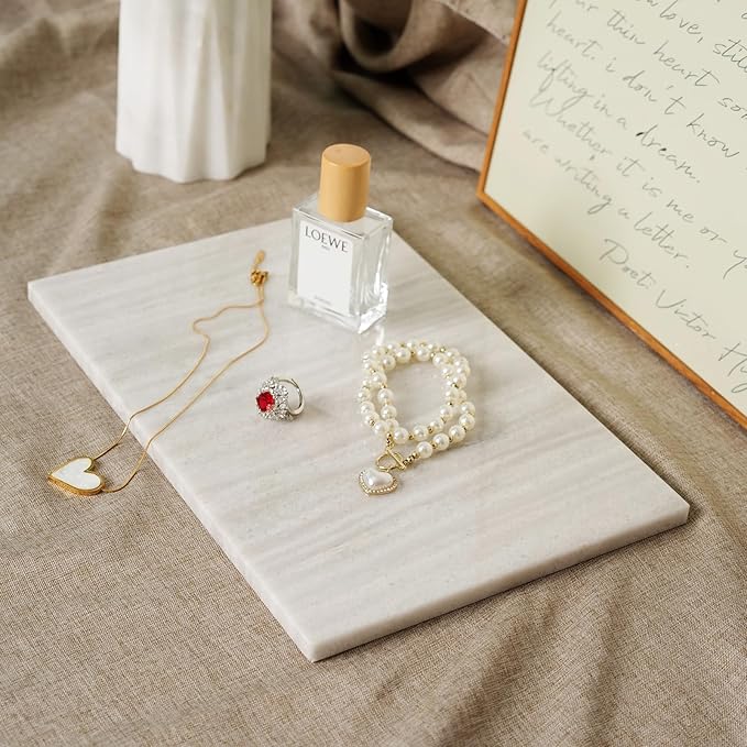 Koville Natural Marble Cutting Board for Kitchen Countertop, 12" x 8" Pastry Bread Macaron Display Board, Real Stone Slab Marble Cheese Boards, Bathroom Perfume Tray Candle Plate(Nestos White)